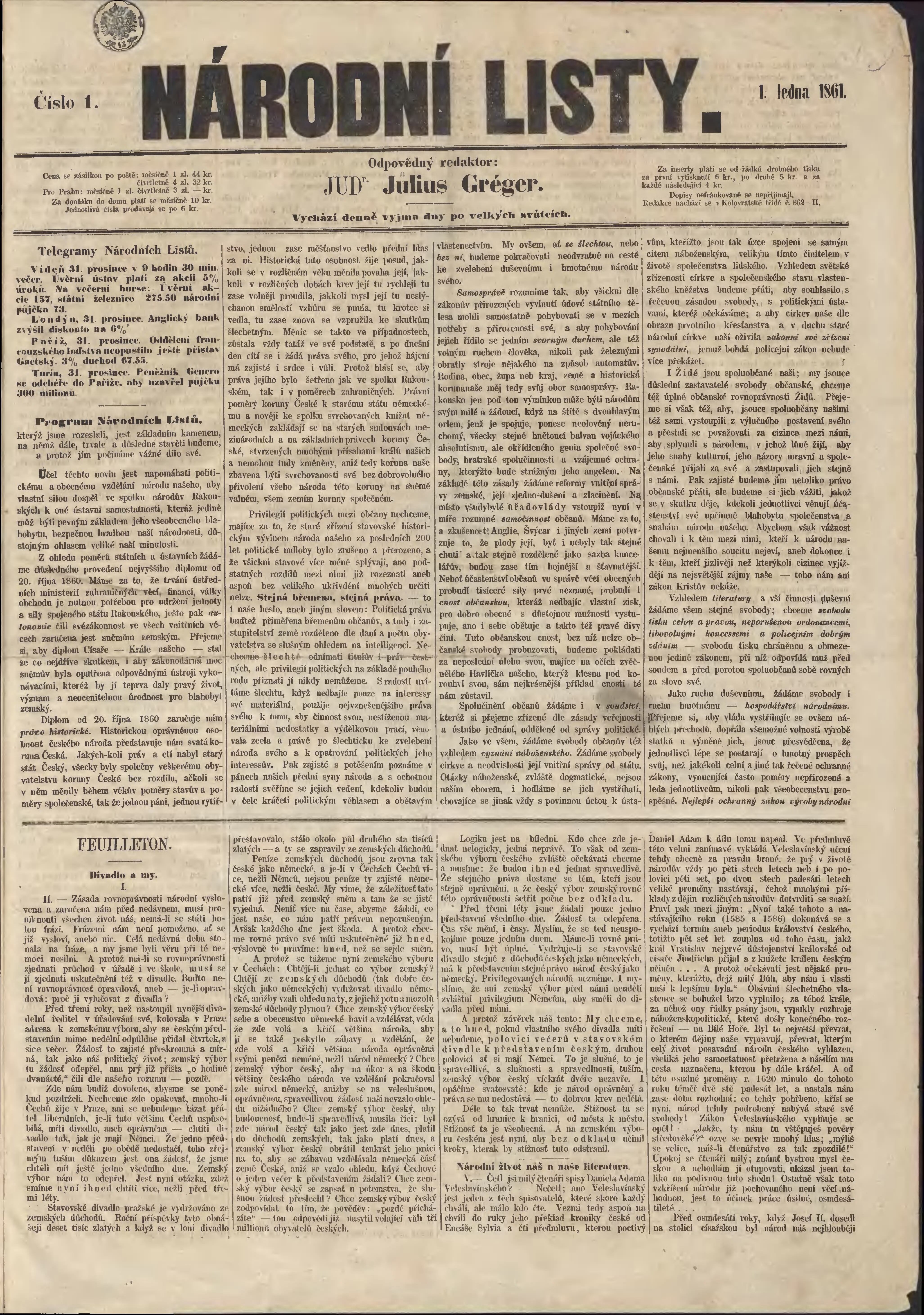 1st page, Národní listy 1.1.1961